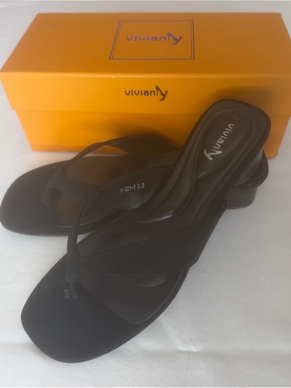 Black Suede Low Block Heel Thong Sandals US 8.5